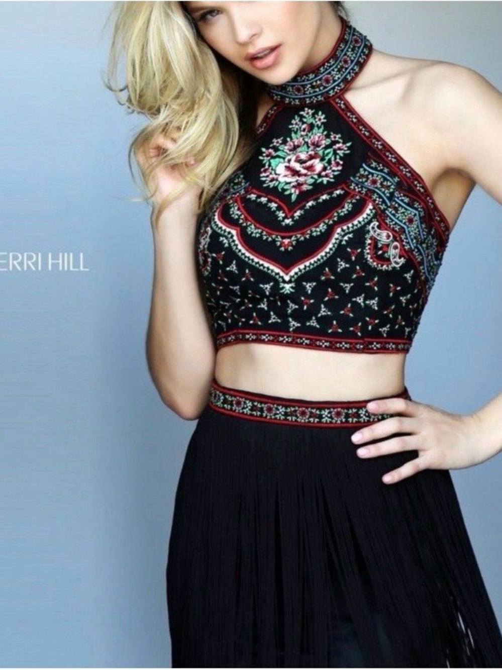 Sherri Hill 2-Piece Embroidered Halter Prom Gown| Size 8 | Black Tulle Formal